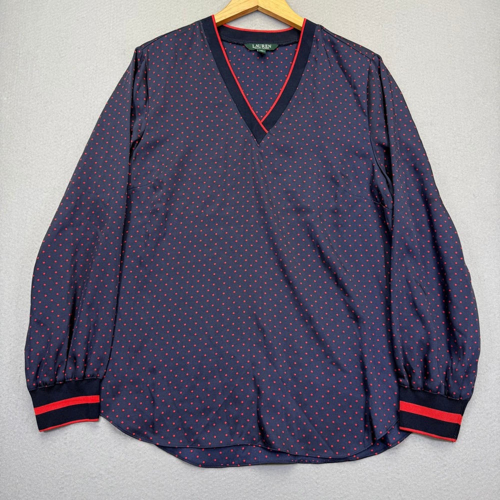 Lauren Ralph Lauren Navy Blue Red Polka Dot V-Neck Blouse XL Ribbed Trim